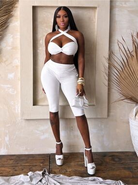 Women’s White Crisscross Crop Top & Knee-Length Pants Set